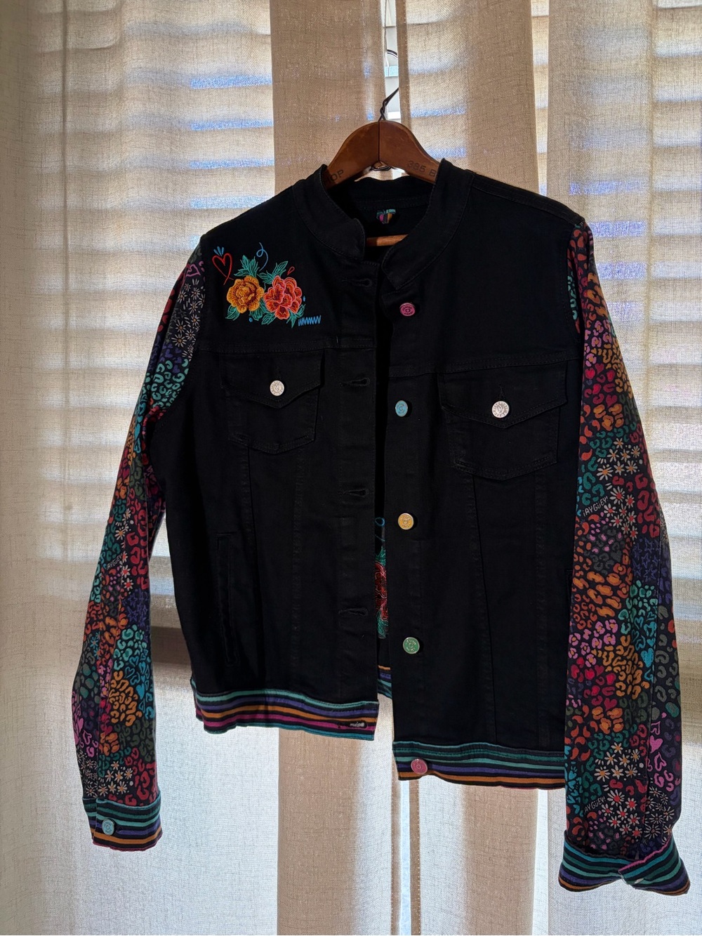 Black Floral-Embroidered Jean Jacket with Multicolor Sleeves - Women